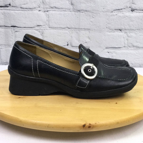 Indigo Women's Leather White Stitch Square Toe Buckle Slip On Wedge Loafer 7M - Picture 2 of 16